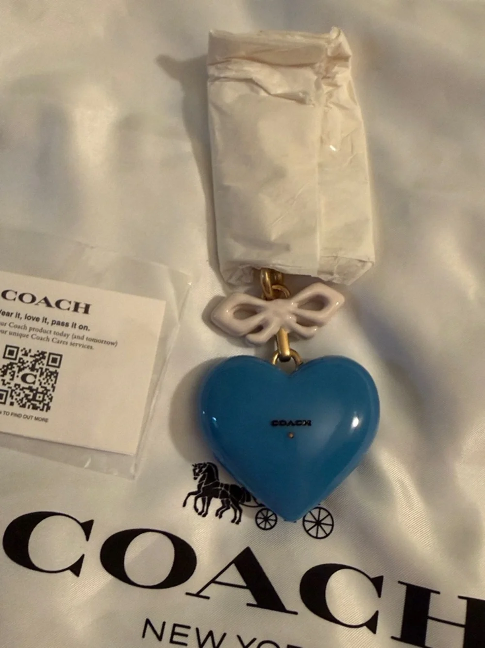 Coach NWT Blue  Heart Bag Charm / Keychain with Gold Hardware